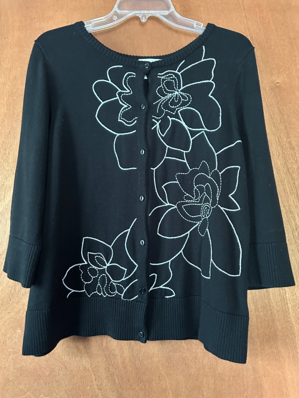Christopher & Banks Black Cardigan White Floral Stitching Size PXL 3/4 sleeves